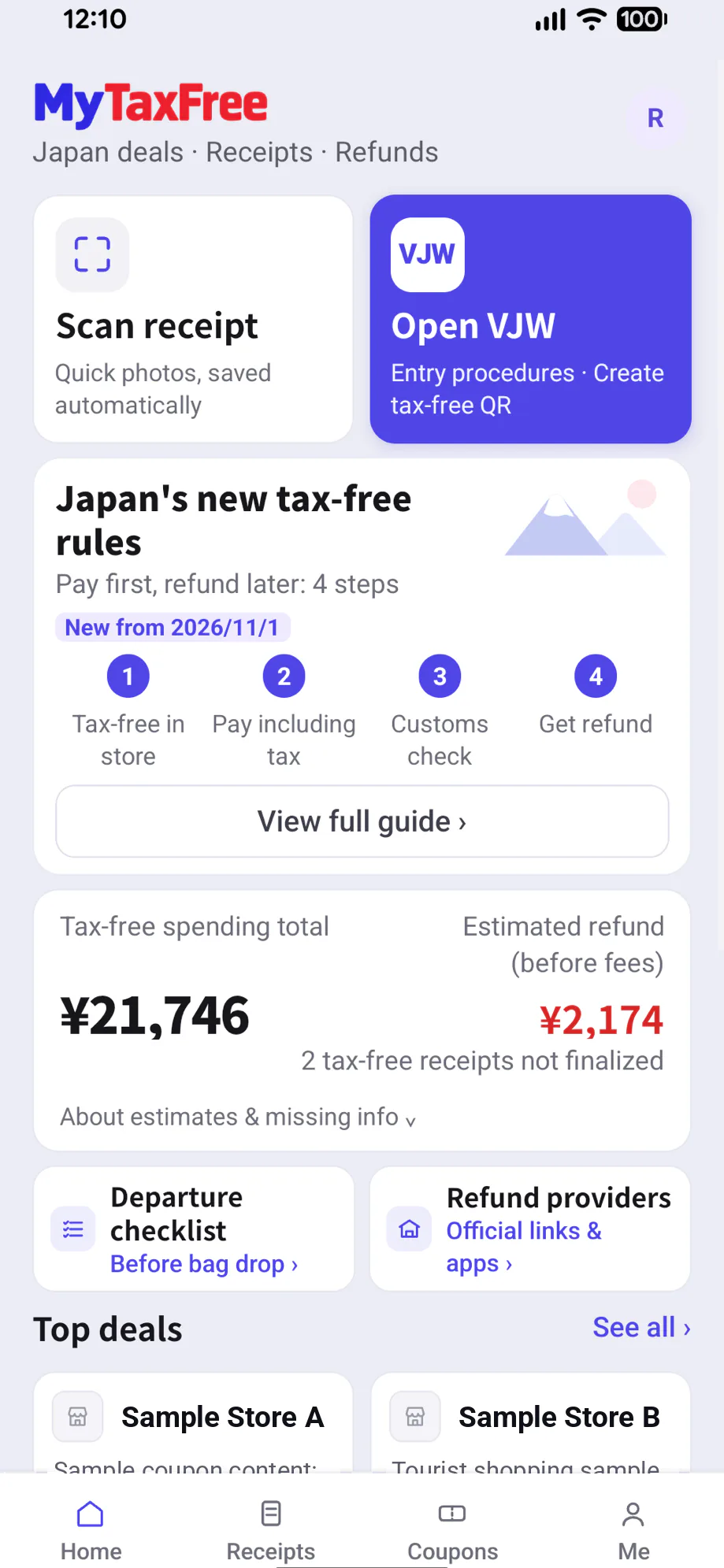 MyTaxFree app screen: Japan Shopping Deals · Receipt Organizer · Tax Refund Info