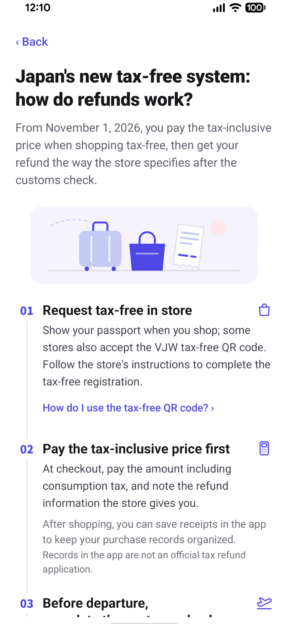 MyTaxFree app screen: Tax refund info & departure checklist